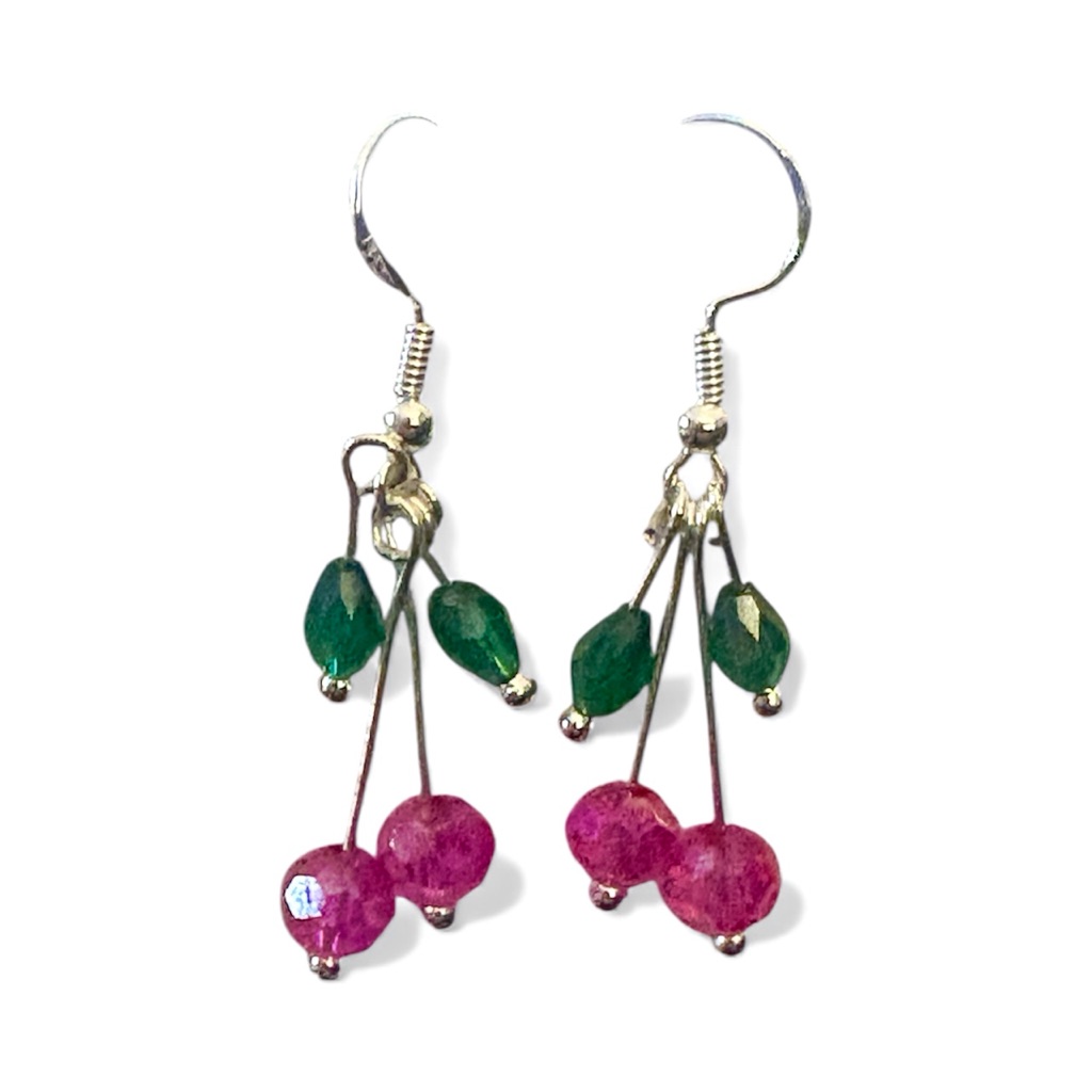 Pink And Green Crystal Beaded Cherry Earrings On 925 Sterling Silver Hooks